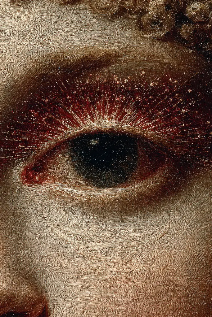 Midjourney generated image using SREF code Opaque Emberlock: A close up of a painting of a woman's eye.