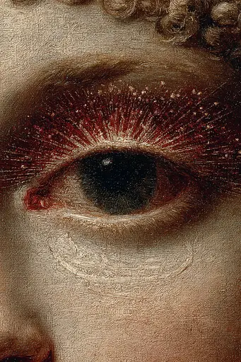 Midjourney generated image using SREF code Opaque Emberlock: A close up of a painting of a woman's eye.