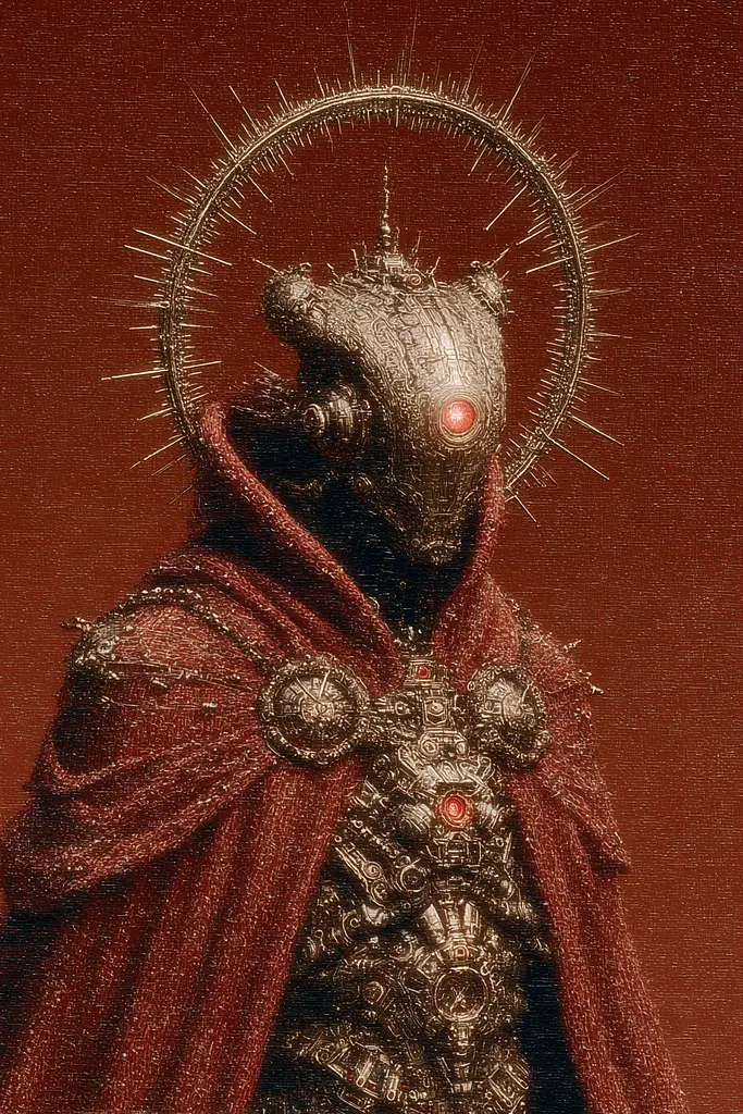 Midjourney generated image using SREF code Opaque Emberlock: A man in a red cloak with a crown of thorns on his head.