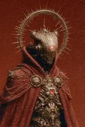 Midjourney generated image using SREF code Opaque Emberlock: A man in a red cloak with a crown of thorns on his head.