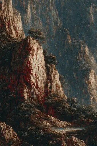 Midjourney generated image using SREF code Opaque Emberlock: A painting of a mountain landscape with trees and rocks.