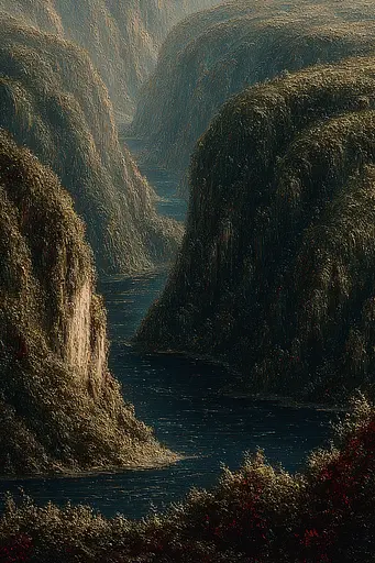 Midjourney generated image using SREF code Opaque Emberlock: A painting of a river in the middle of a mountain.