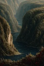Midjourney generated image using SREF code Opaque Emberlock: A painting of a river in the middle of a mountain.