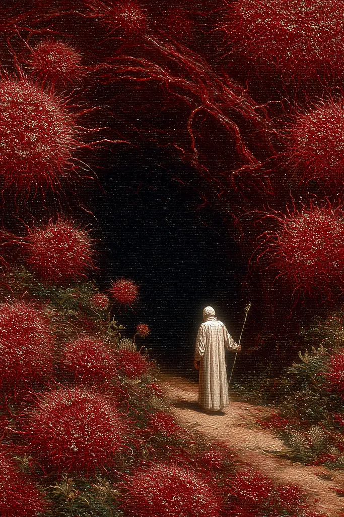 Midjourney generated image using SREF code Opaque Emberlock: A man walking through a field of red flowers.