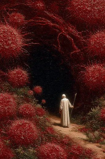 Midjourney generated image using SREF code Opaque Emberlock: A man walking through a field of red flowers.