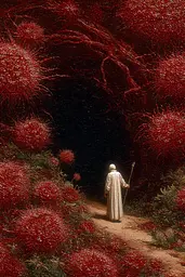 Midjourney generated image using SREF code Opaque Emberlock: A man walking through a field of red flowers.