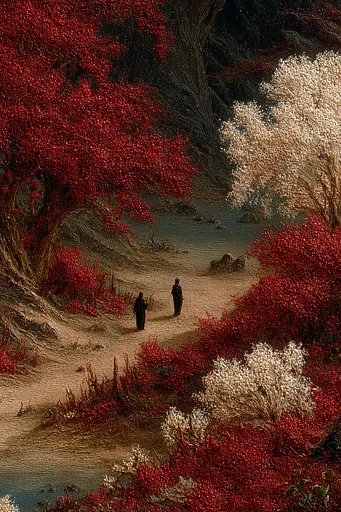 Midjourney generated image using SREF code Opaque Emberlock: A painting of two people walking down a path in a forest.