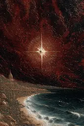 Midjourney generated image using SREF code Opaque Emberlock: A painting of a star in the sky over a body of water.