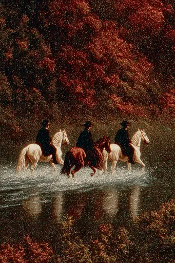 Midjourney generated image using SREF code Opaque Emberlock: A painting of three men riding horses across a river.