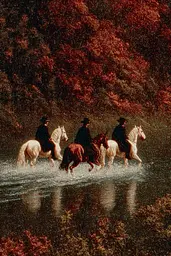 Midjourney generated image using SREF code Opaque Emberlock: A painting of three men riding horses across a river.