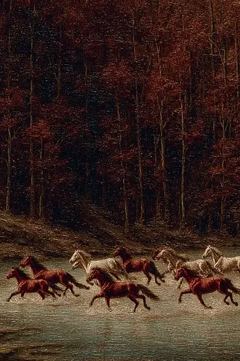 Midjourney generated image using SREF code Opaque Emberlock: A painting of a herd of horses running across a field.