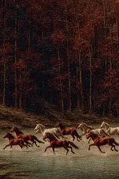 Midjourney generated image using SREF code Opaque Emberlock: A painting of a herd of horses running across a field.