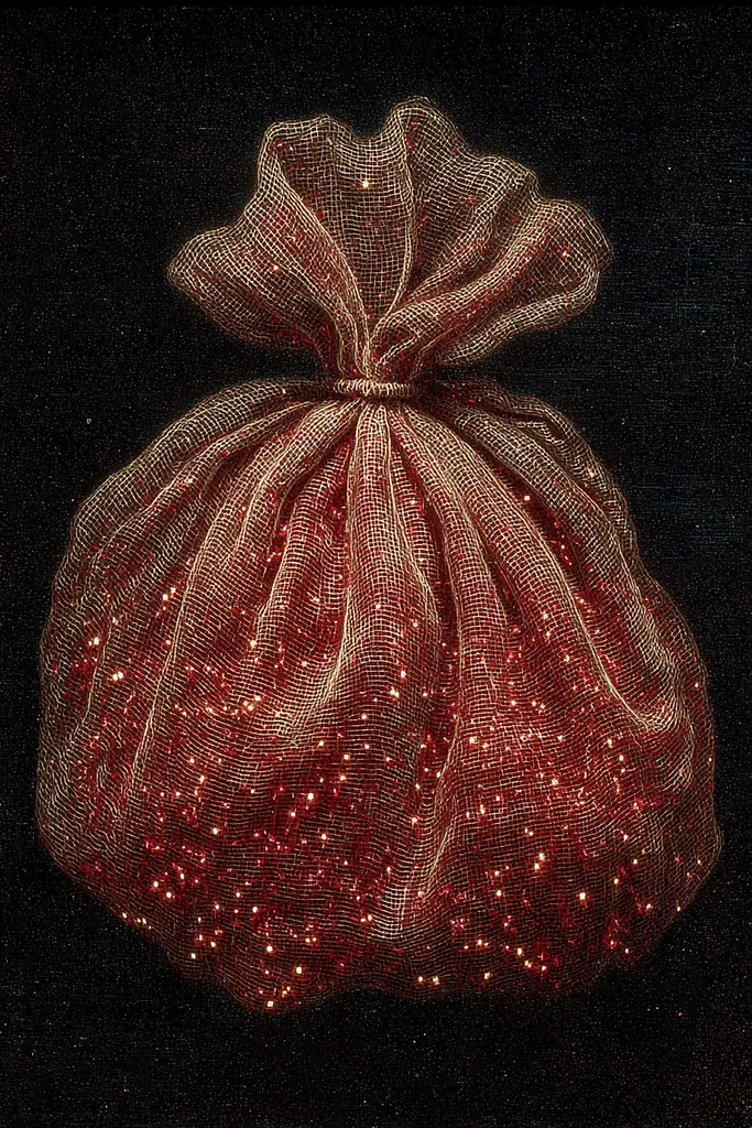 Midjourney generated image using SREF code Opaque Emberlock: A drawing of a red bag on a black background.