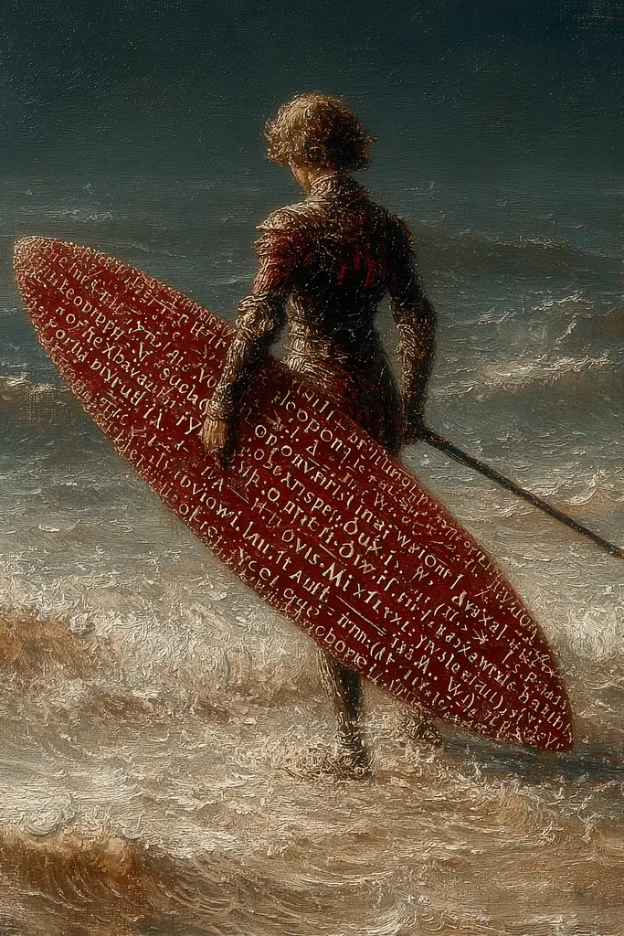 Midjourney generated image using SREF code Opaque Emberlock: A painting of a man holding a surfboard in the ocean.