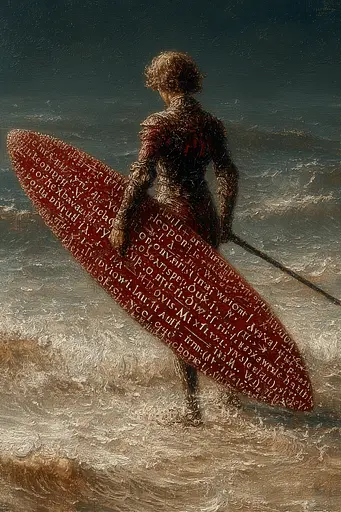 Midjourney generated image using SREF code Opaque Emberlock: A painting of a man holding a surfboard in the ocean.