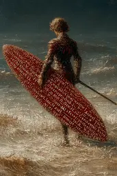 Midjourney generated image using SREF code Opaque Emberlock: A painting of a man holding a surfboard in the ocean.
