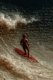 Midjourney generated image using SREF code Opaque Emberlock: A painting of a man on a surfboard in the ocean.