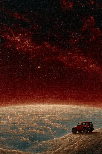 Midjourney generated image using SREF code Opaque Emberlock: A red jeep is parked on top of a hill.