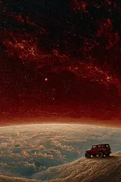 Midjourney generated image using SREF code Opaque Emberlock: A red jeep is parked on top of a hill.