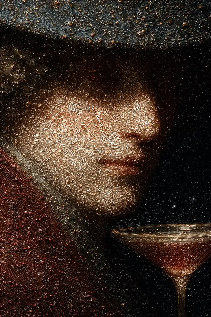 Midjourney generated image using SREF code Opaque Emberlock: A painting of a woman with a martini in her hand.