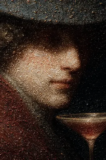 Midjourney generated image using SREF code Opaque Emberlock: A painting of a woman with a martini in her hand.
