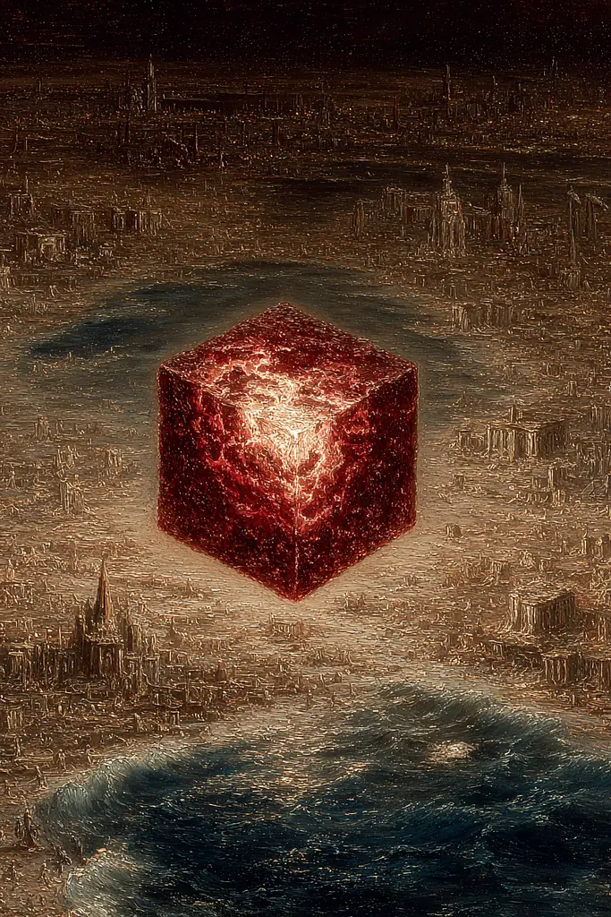 Midjourney generated image using SREF code Opaque Emberlock: A red cube floating in the middle of a body of water.