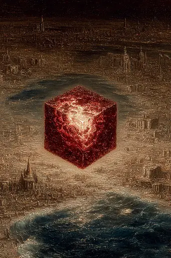 Midjourney generated image using SREF code Opaque Emberlock: A red cube floating in the middle of a body of water.