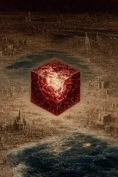 Midjourney generated image using SREF code Opaque Emberlock: A red cube floating in the middle of a body of water.