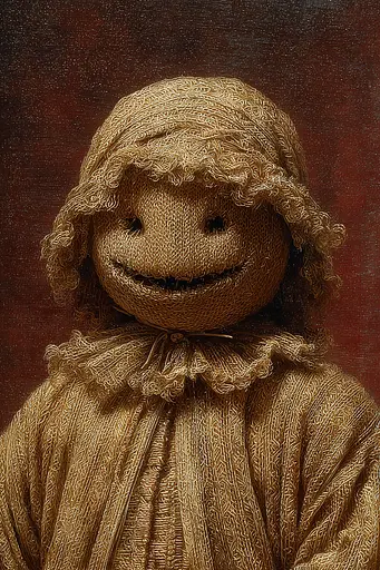 Midjourney generated image using SREF code Opaque Emberlock: A close up of a doll with a smile on its face.