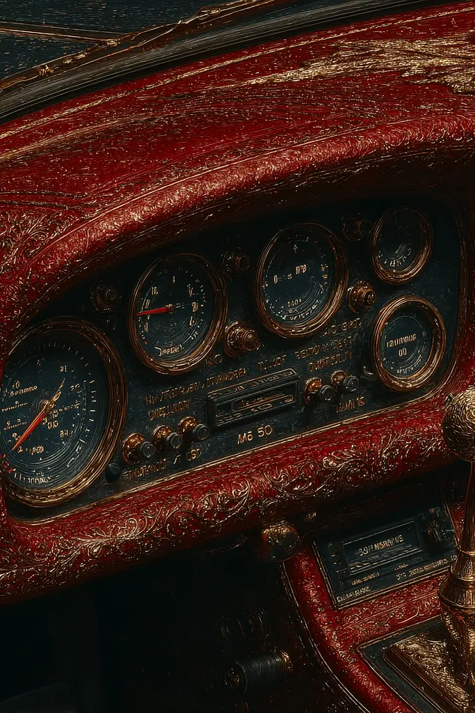 Midjourney generated image using SREF code Opaque Emberlock: A close up of the dashboard of a vintage car.