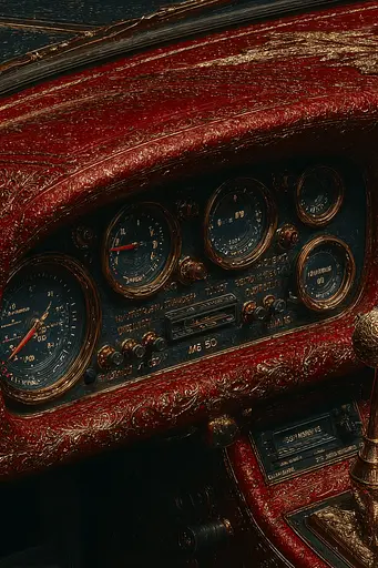 Midjourney generated image using SREF code Opaque Emberlock: A close up of the dashboard of a vintage car.