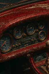 Midjourney generated image using SREF code Opaque Emberlock: A close up of the dashboard of a vintage car.