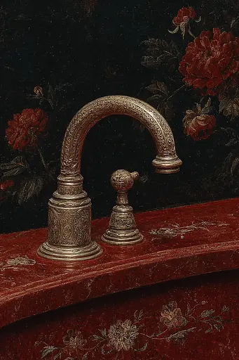 Midjourney generated image using SREF code Opaque Emberlock: A painting of a faucet on a table with flowers in the background.