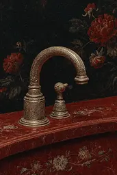 Midjourney generated image using SREF code Opaque Emberlock: A painting of a faucet on a table with flowers in the background.