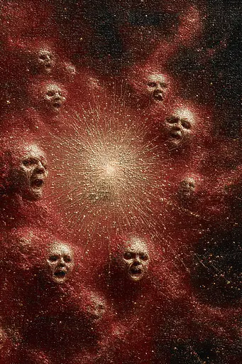 Midjourney generated image using SREF code Opaque Emberlock: A group of people with faces in the middle of a nebula.