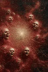 Midjourney generated image using SREF code Opaque Emberlock: A group of people with faces in the middle of a nebula.