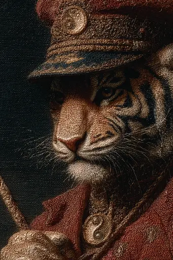 Midjourney generated image using SREF code Opaque Emberlock: A tiger wearing a hat and holding a stick.