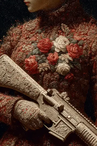 Midjourney generated image using SREF code Opaque Emberlock: A painting of a woman holding a gun with roses on it.