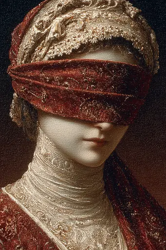 Midjourney generated image using SREF code Opaque Emberlock: A painting of a woman with a blindfold on her face.