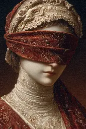 Midjourney generated image using SREF code Opaque Emberlock: A painting of a woman with a blindfold on her face.
