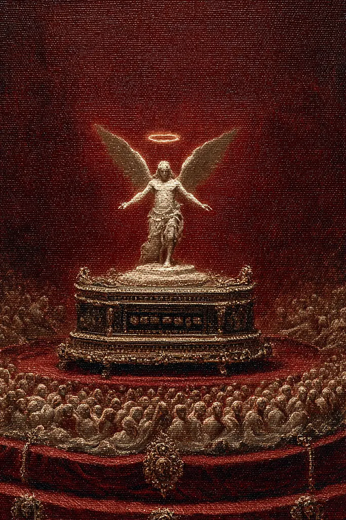 Midjourney generated image using SREF code Opaque Emberlock: A painting of an angel standing on top of a table.