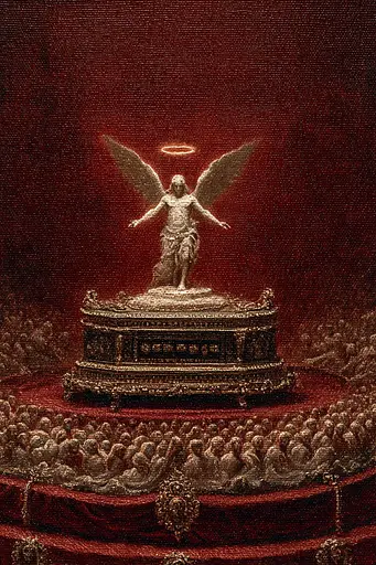 Midjourney generated image using SREF code Opaque Emberlock: A painting of an angel standing on top of a table.