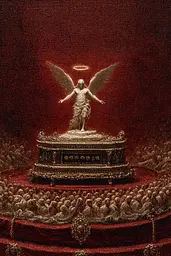 Midjourney generated image using SREF code Opaque Emberlock: A painting of an angel standing on top of a table.