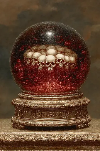 Midjourney generated image using SREF code Opaque Emberlock: A snow globe with skulls inside of it on a table.