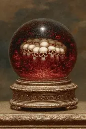 Midjourney generated image using SREF code Opaque Emberlock: A snow globe with skulls inside of it on a table.