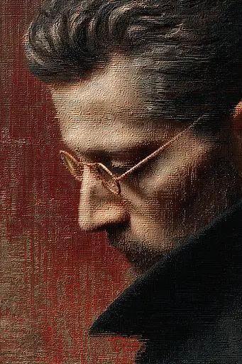 Midjourney generated image using SREF code Opaque Emberlock: A close up of a man with glasses on his face.
