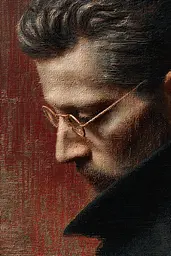 Midjourney generated image using SREF code Opaque Emberlock: A close up of a man with glasses on his face.