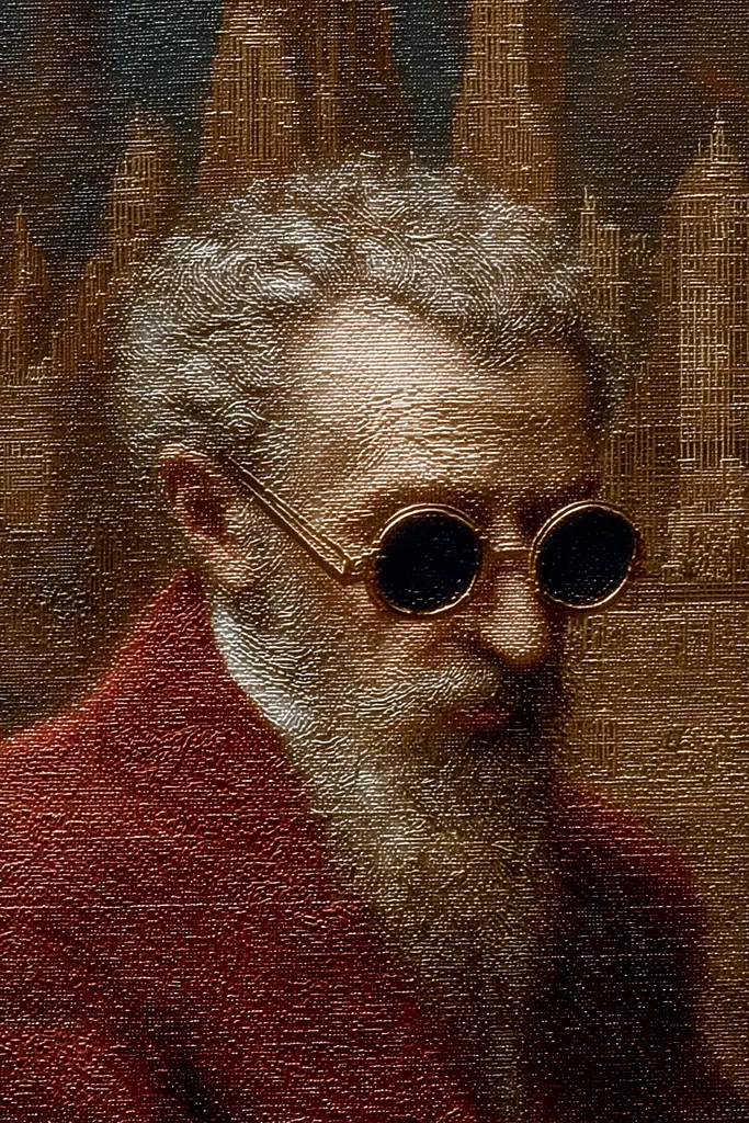 Midjourney generated image using SREF code Opaque Emberlock: A painting of a man with a long white beard and glasses.