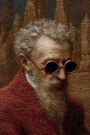 Midjourney generated image using SREF code Opaque Emberlock: A painting of a man with a long white beard and glasses.
