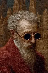 Midjourney generated image using SREF code Opaque Emberlock: A painting of a man with a long white beard and glasses.